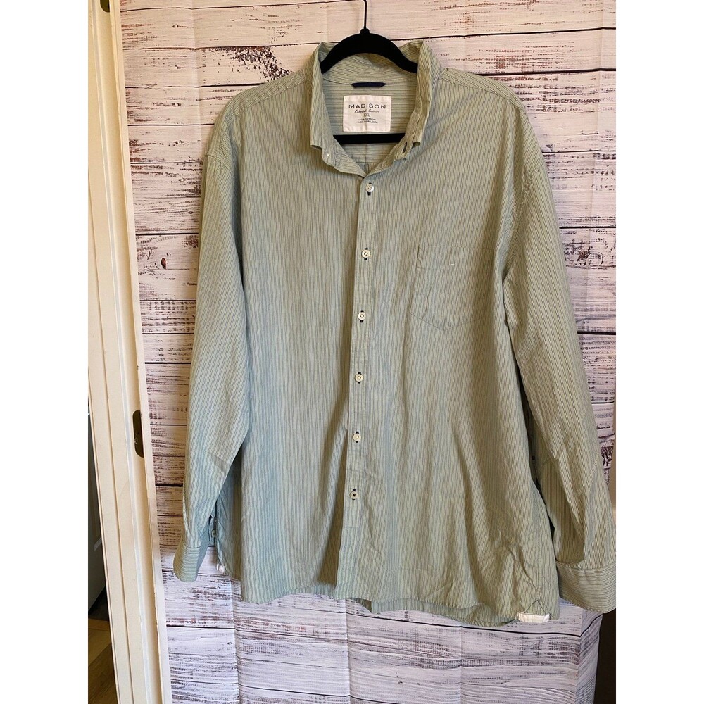 Mens Madison green long-sleeve, striped button-down shirt. Size XXL 100% cotton